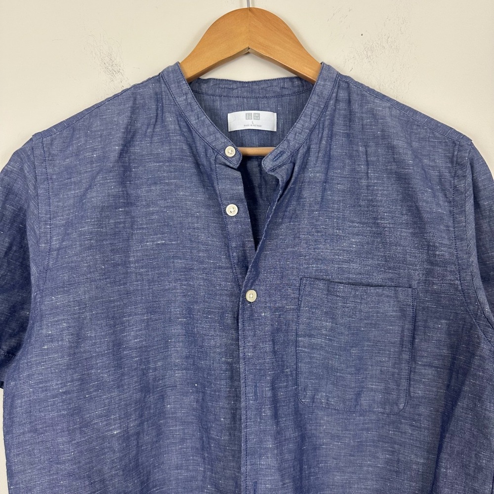 Uniqlo Linen Shirt Blue Short Sleeve Band Mandarin Collar Button Up Mens M Read